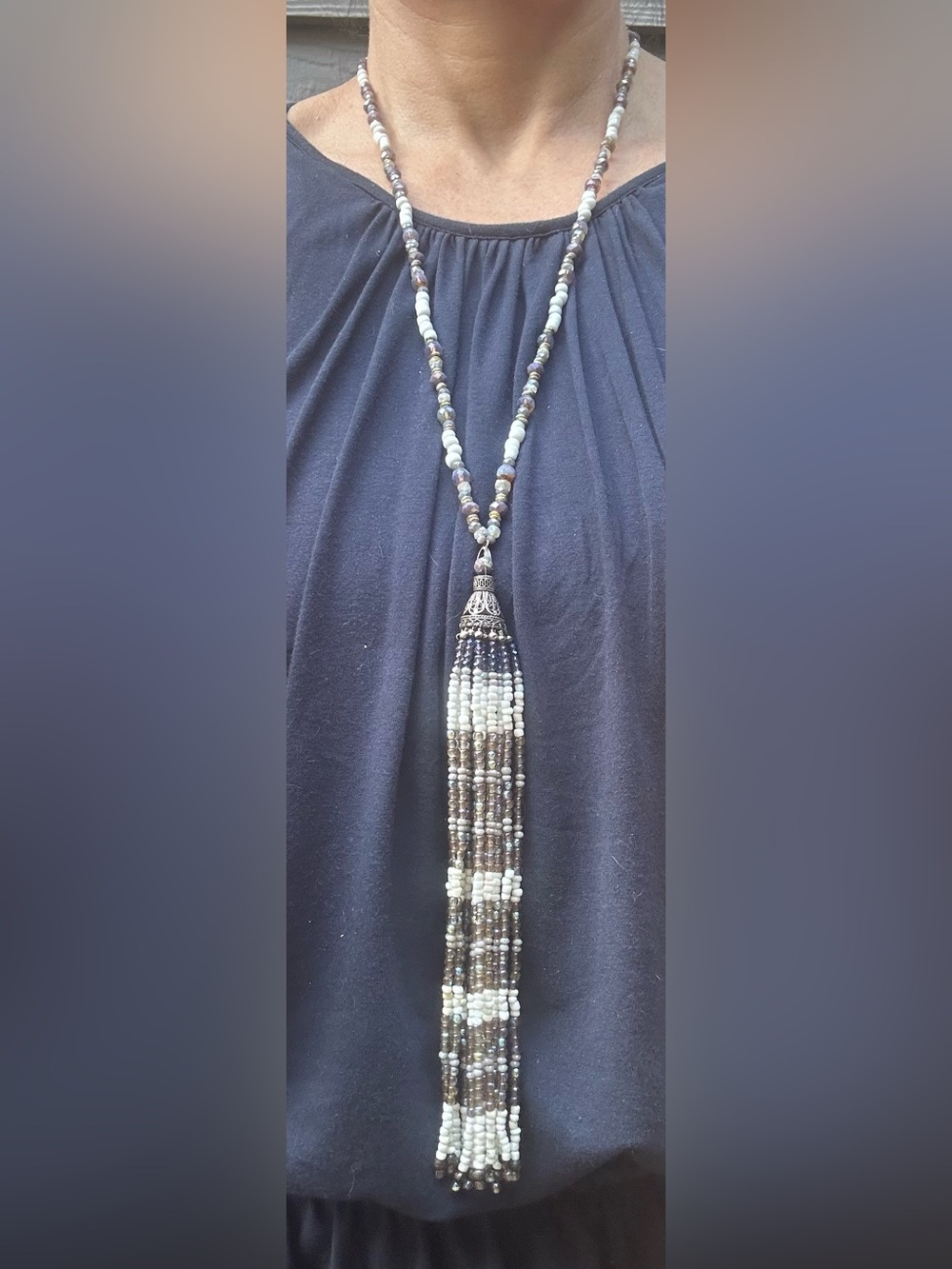 NWOT Artisan Long Beaded Tassel Necklace in White, Lavender & Taupe